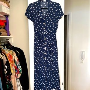 Aritzia Wilfred Midi Shirt Dress Indigo Blue Daisy Floral Pockets M